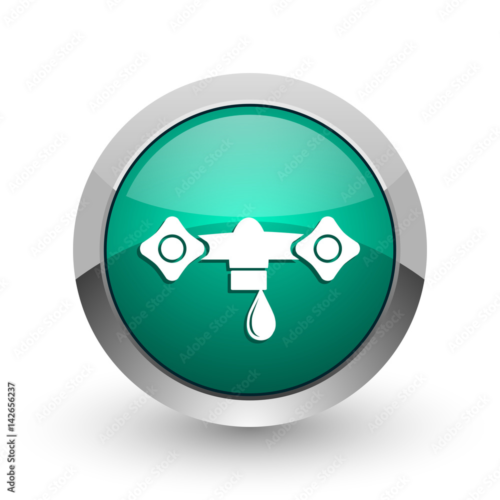 Poster water silver metallic chrome web design green round internet icon with shadow on white background.