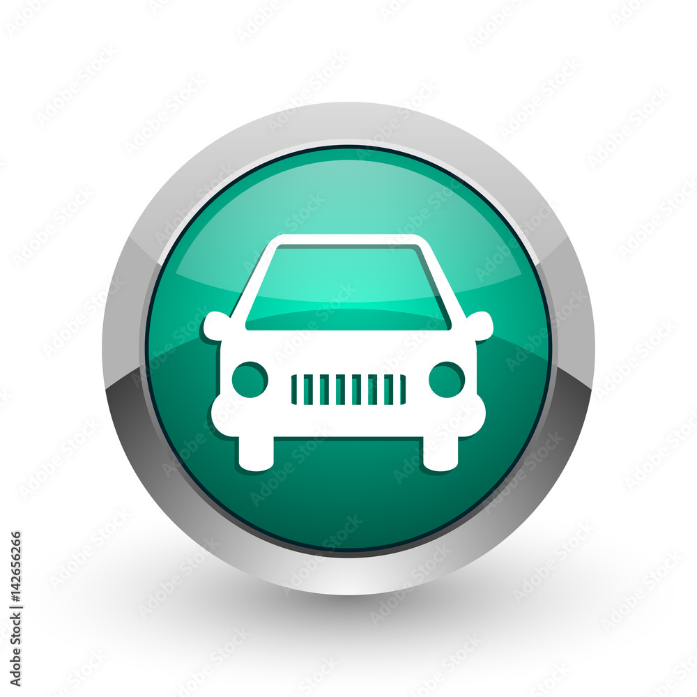 Poster car silver metallic chrome web design green round internet icon with shadow on white background.