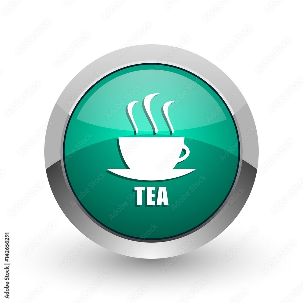 Poster tea silver metallic chrome web design green round internet icon with shadow on white background.