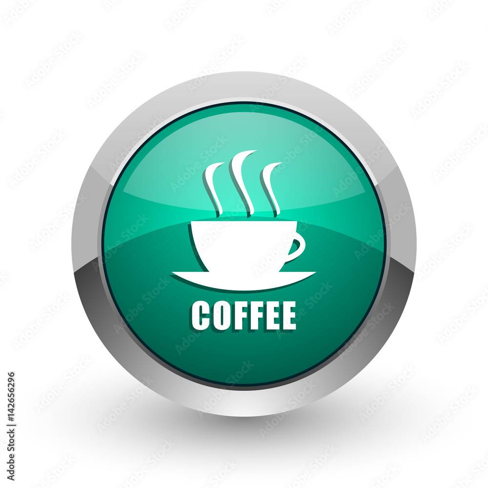 Poster Espresso silver metallic chrome web design green round internet icon with shadow on white background.