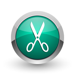 Scissors silver metallic chrome web design green round internet icon with shadow on white background.