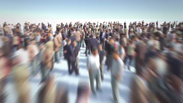 Thousands of people formed Male Gender Symbol. Crowd flight over. Motion Blur. Camera zoom out.