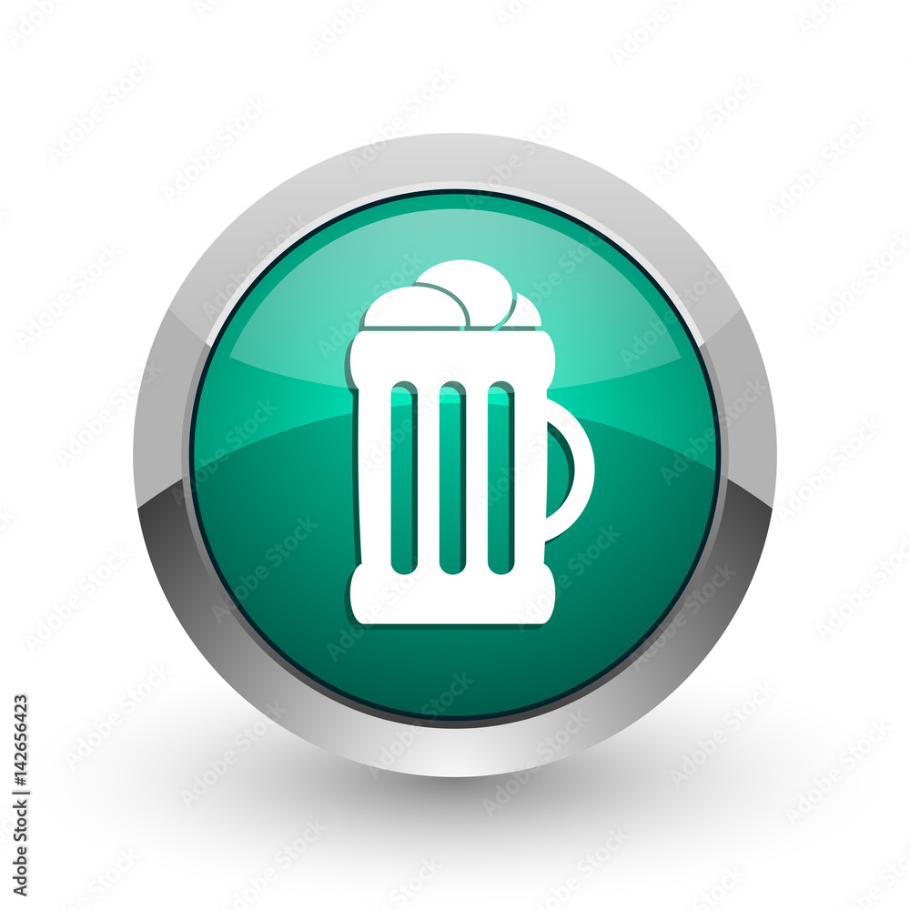Poster beer silver metallic chrome web design green round internet icon with shadow on white background.