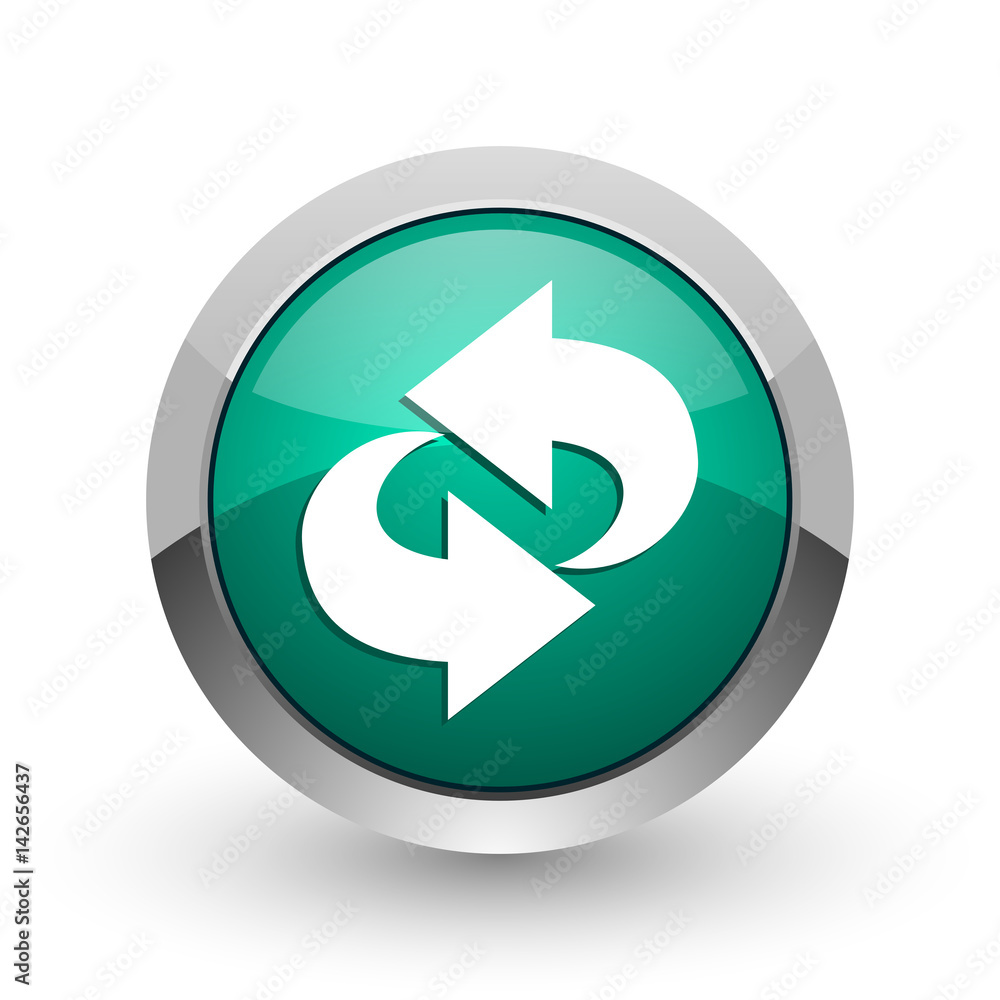 Poster rotation silver metallic chrome web design green round internet icon with shadow on white background