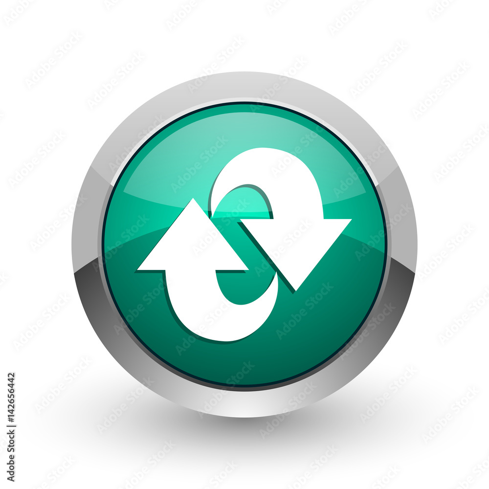 Poster rotation silver metallic chrome web design green round internet icon with shadow on white background