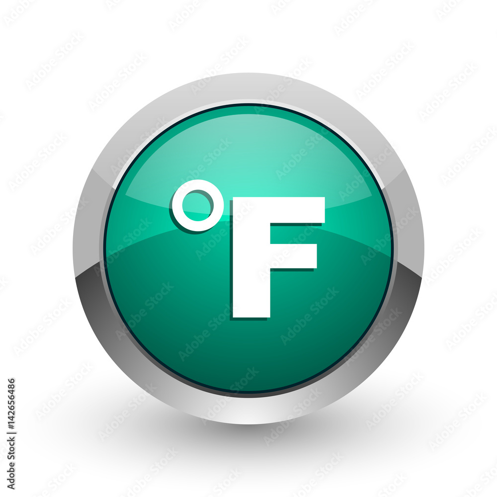 Poster Fahrenheit silver metallic chrome web design green round internet icon with shadow on white background.