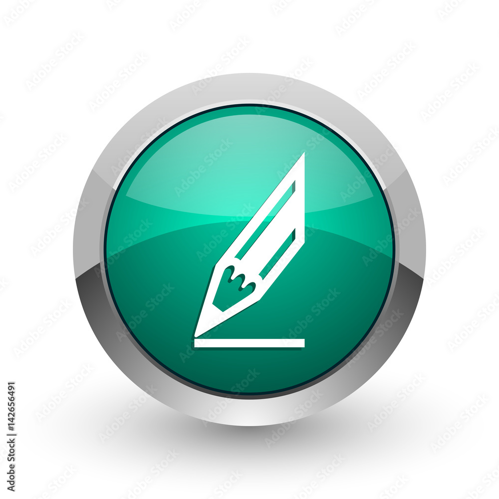 Poster pencil silver metallic chrome web design green round internet icon with shadow on white background.