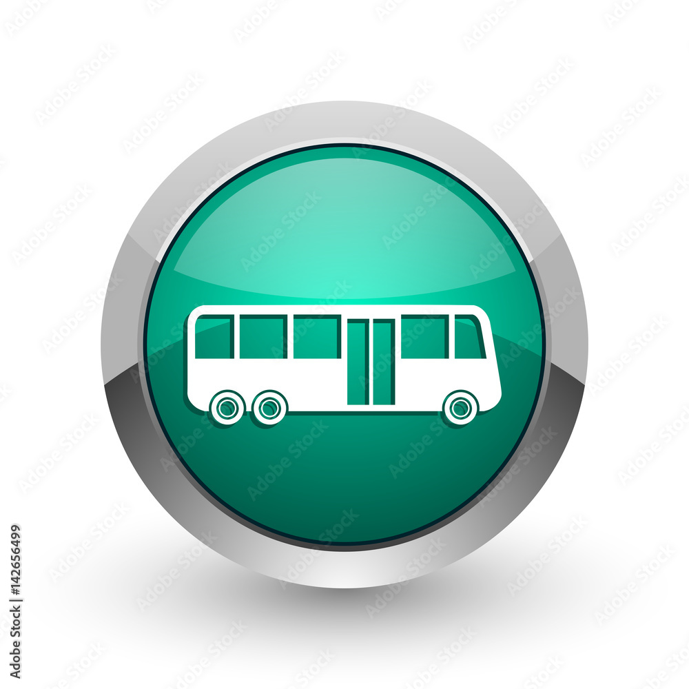 Poster bus silver metallic chrome web design green round internet icon with shadow on white background.