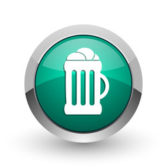 Beer silver metallic chrome web design green round internet icon with shadow on white background.