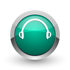 Headphones silver metallic chrome web design green round internet icon with shadow on white background.