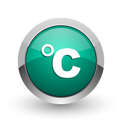 Celsius silver metallic chrome web design green round internet icon with shadow on white background.