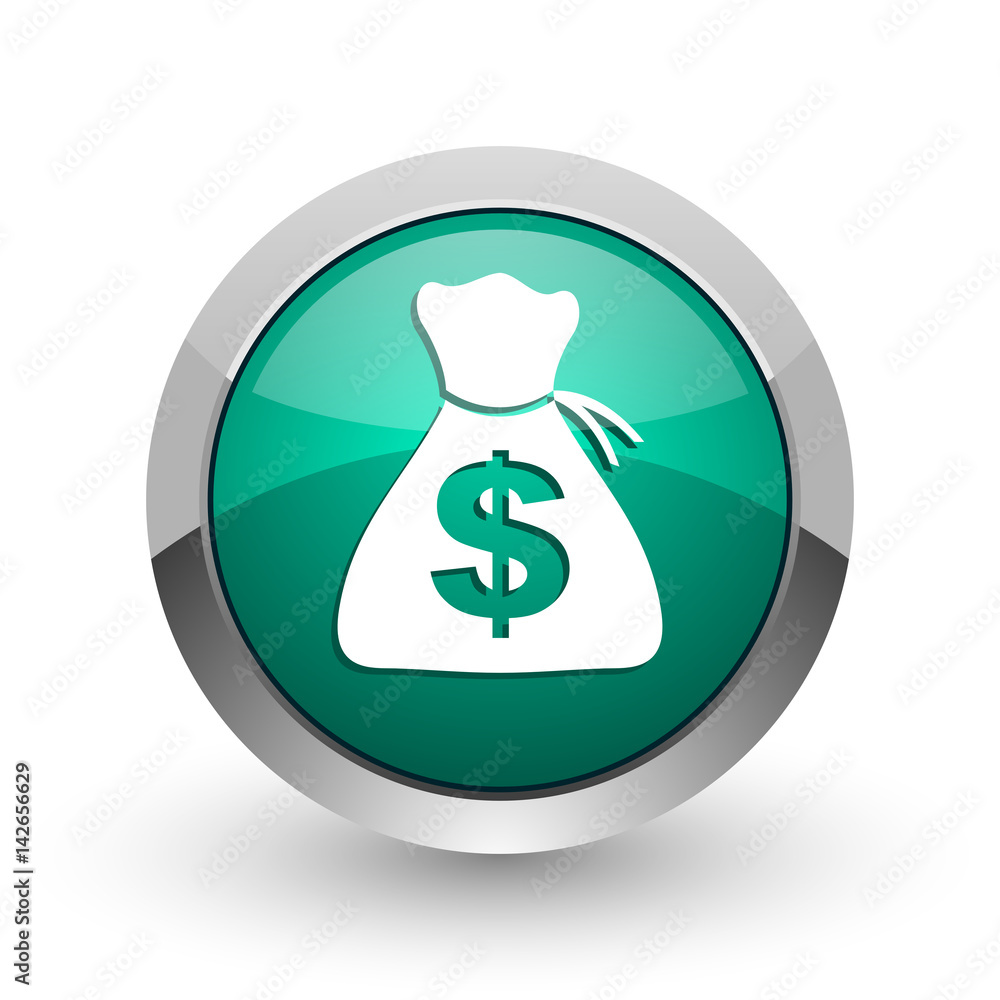 Poster money silver metallic chrome web design green round internet icon with shadow on white background.