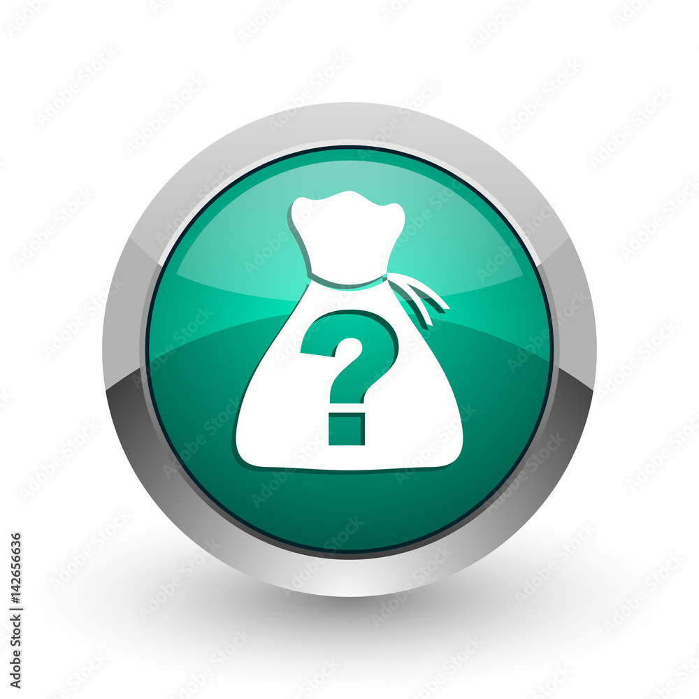Poster Riddle silver metallic chrome web design green round internet icon with shadow on white background.