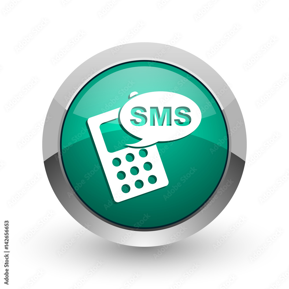 Poster sms silver metallic chrome web design green round internet icon with shadow on white background.