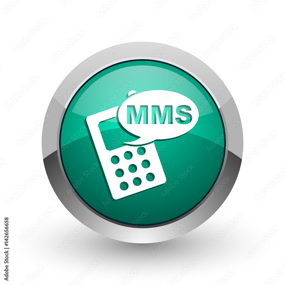 Poster Mms silver metallic chrome web design green round internet icon with shadow on white background.