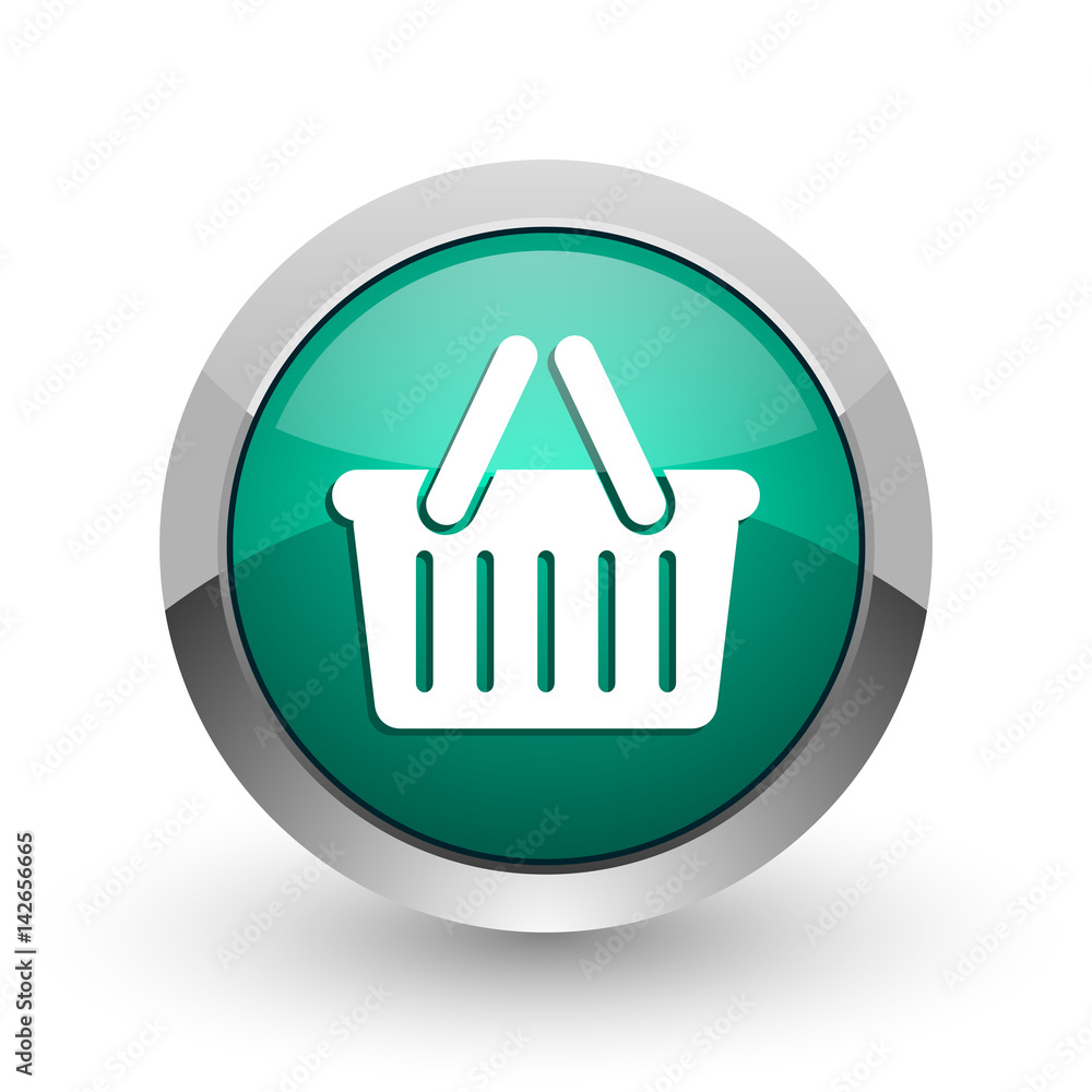 Poster cart silver metallic chrome web design green round internet icon with shadow on white background.