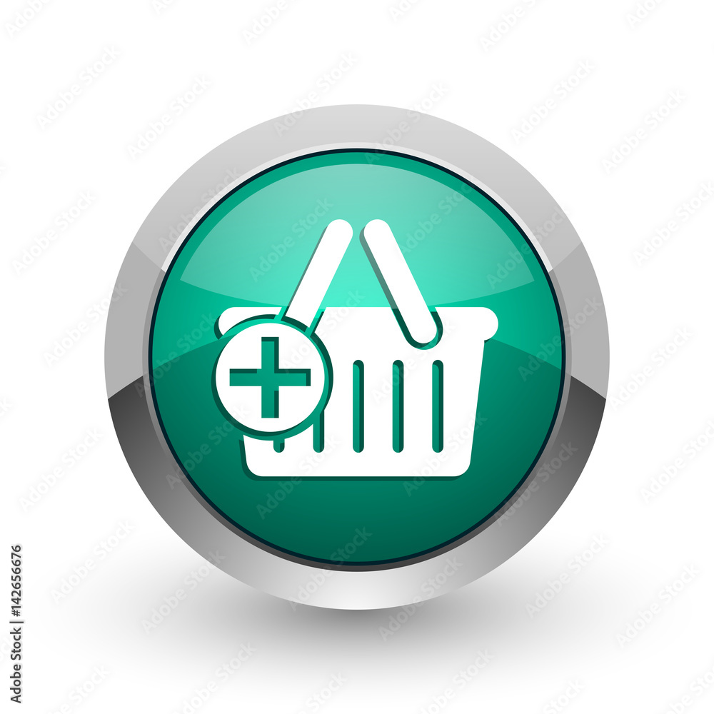 Poster cart silver metallic chrome web design green round internet icon with shadow on white background.