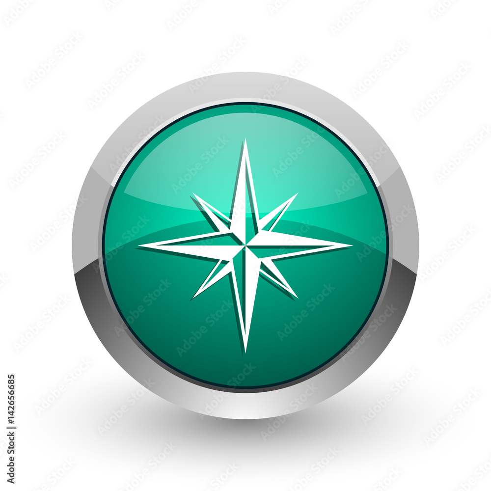 Poster compass silver metallic chrome web design green round internet icon with shadow on white background.