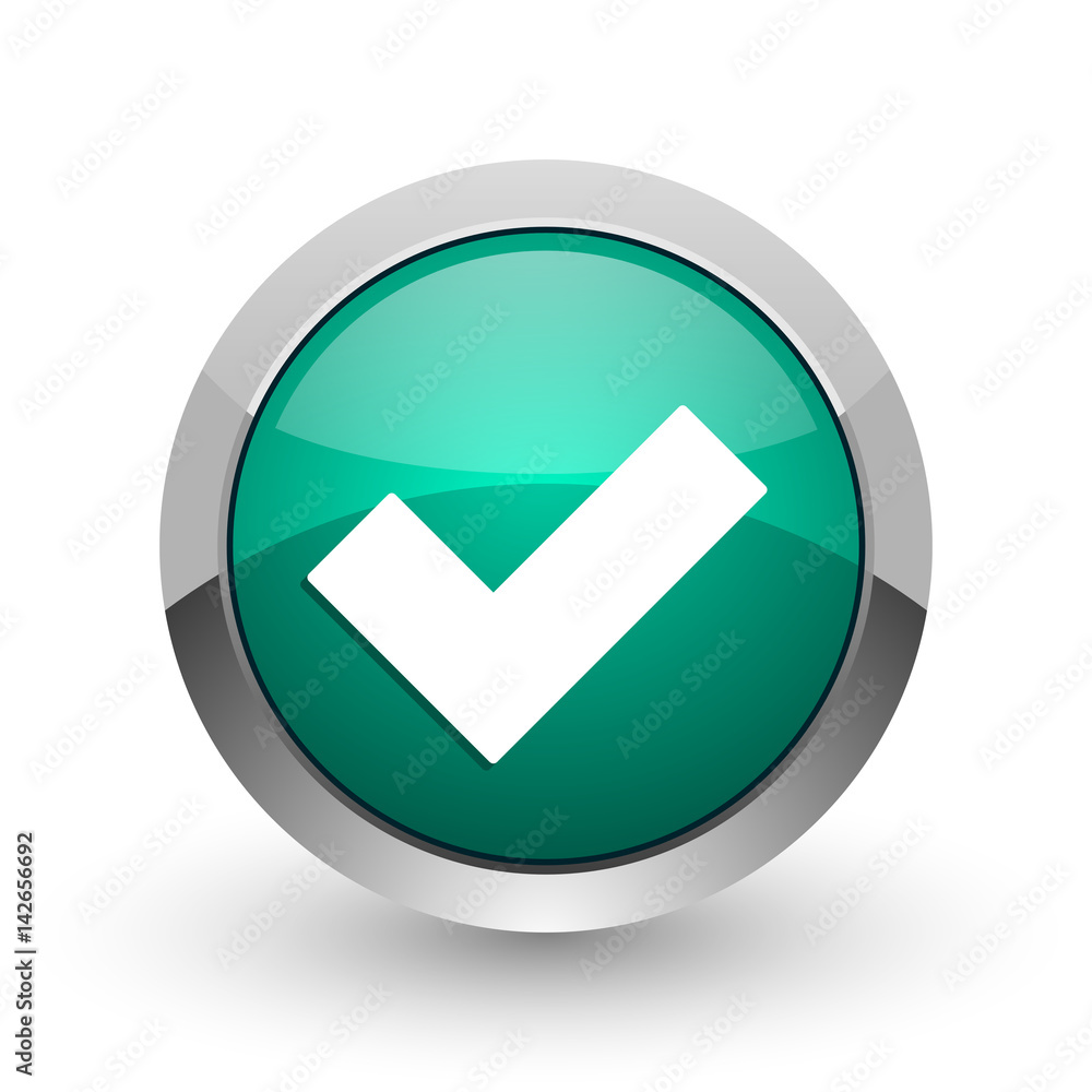 Poster Accept silver metallic chrome web design green round internet icon with shadow on white background.