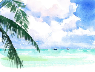 Tropical Watercolor Caribbean Exotic Coast Seascape Scenic Ocean Beach hand painted illustration - 142656637