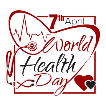 World Health Day. 7 April. Typographic design. Health Day lettering card with heart cardiogram and stethoscope. Vector illustration