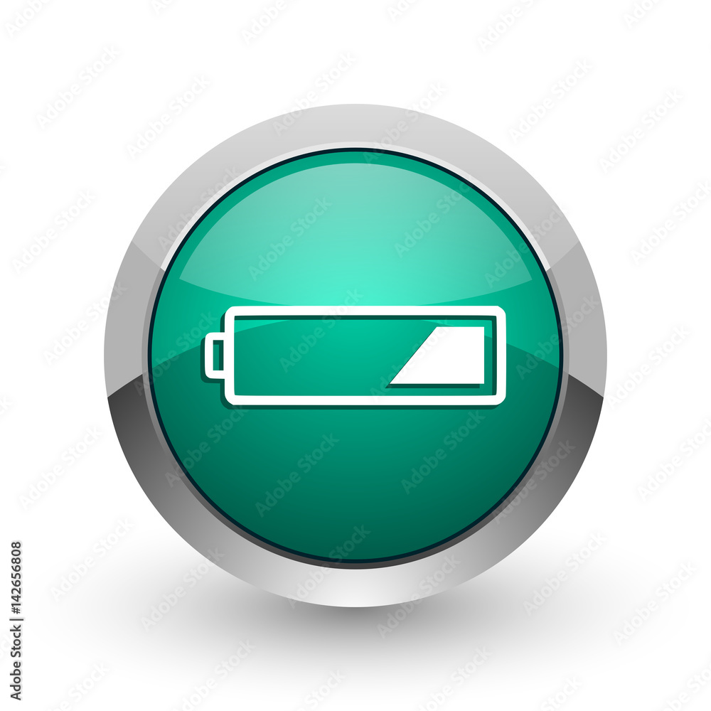 Poster battery silver metallic chrome web design green round internet icon with shadow on white background.