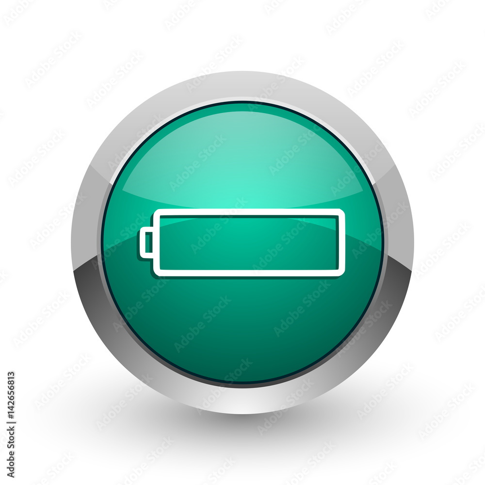 Poster battery silver metallic chrome web design green round internet icon with shadow on white background.