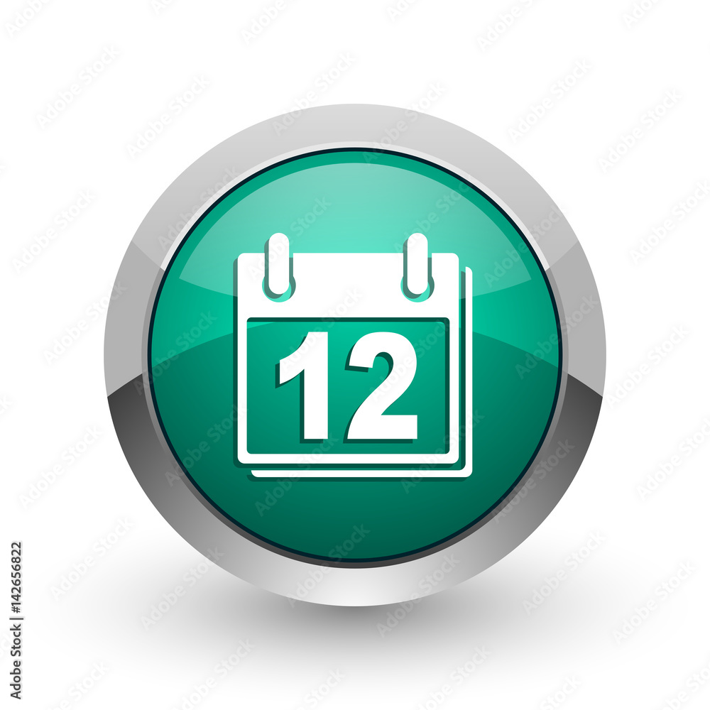 Poster calendar silver metallic chrome web design green round internet icon with shadow on white background