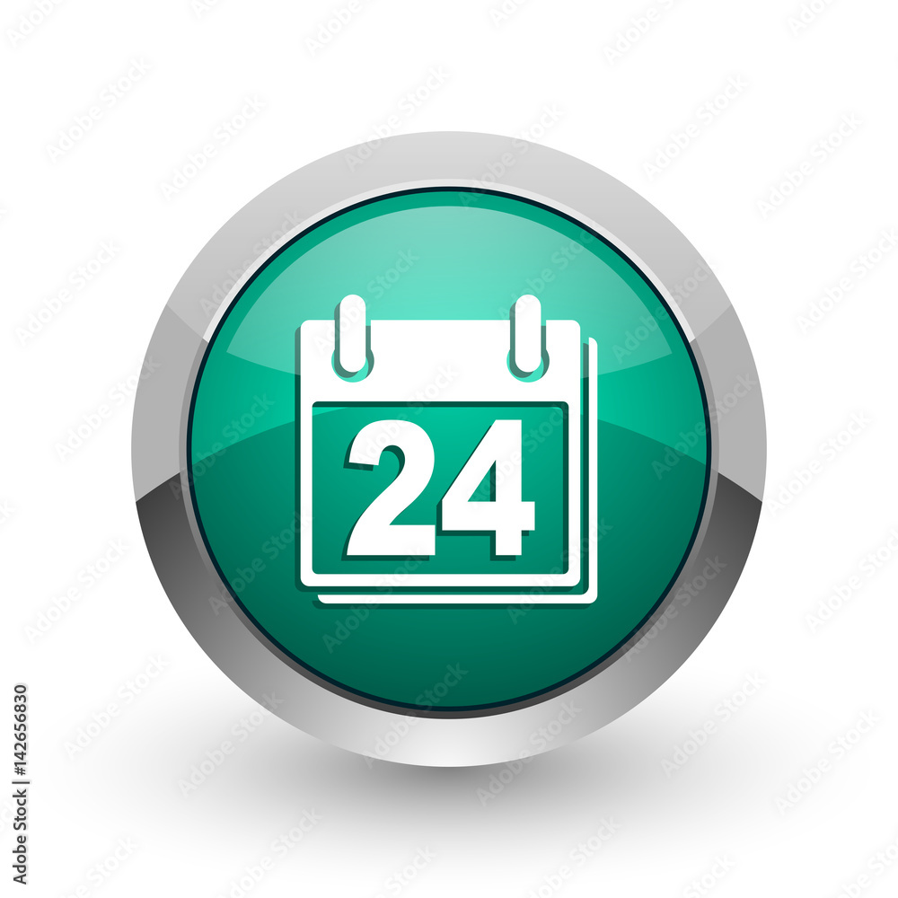 Poster calendar silver metallic chrome web design green round internet icon with shadow on white background