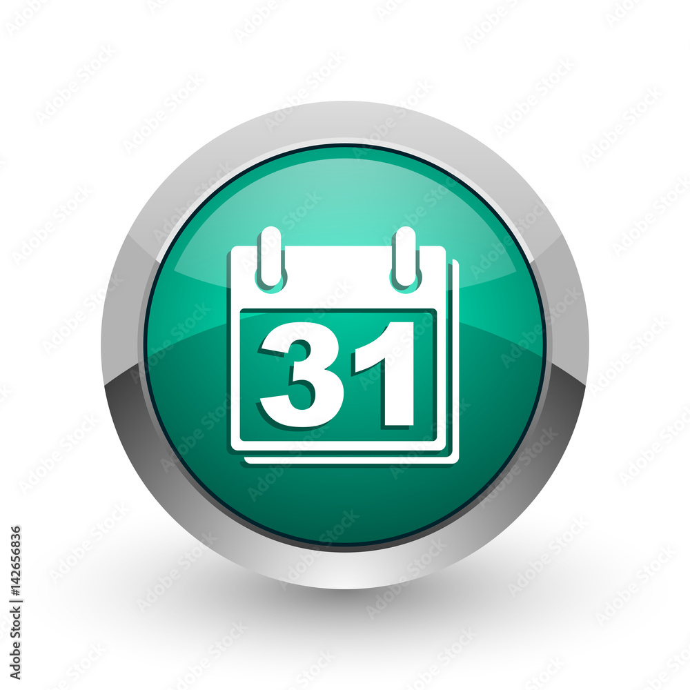 Poster calendar silver metallic chrome web design green round internet icon with shadow on white background