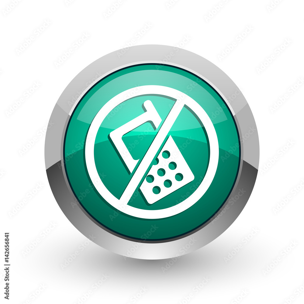 Poster no phone silver metallic chrome web design green round internet icon with shadow on white background