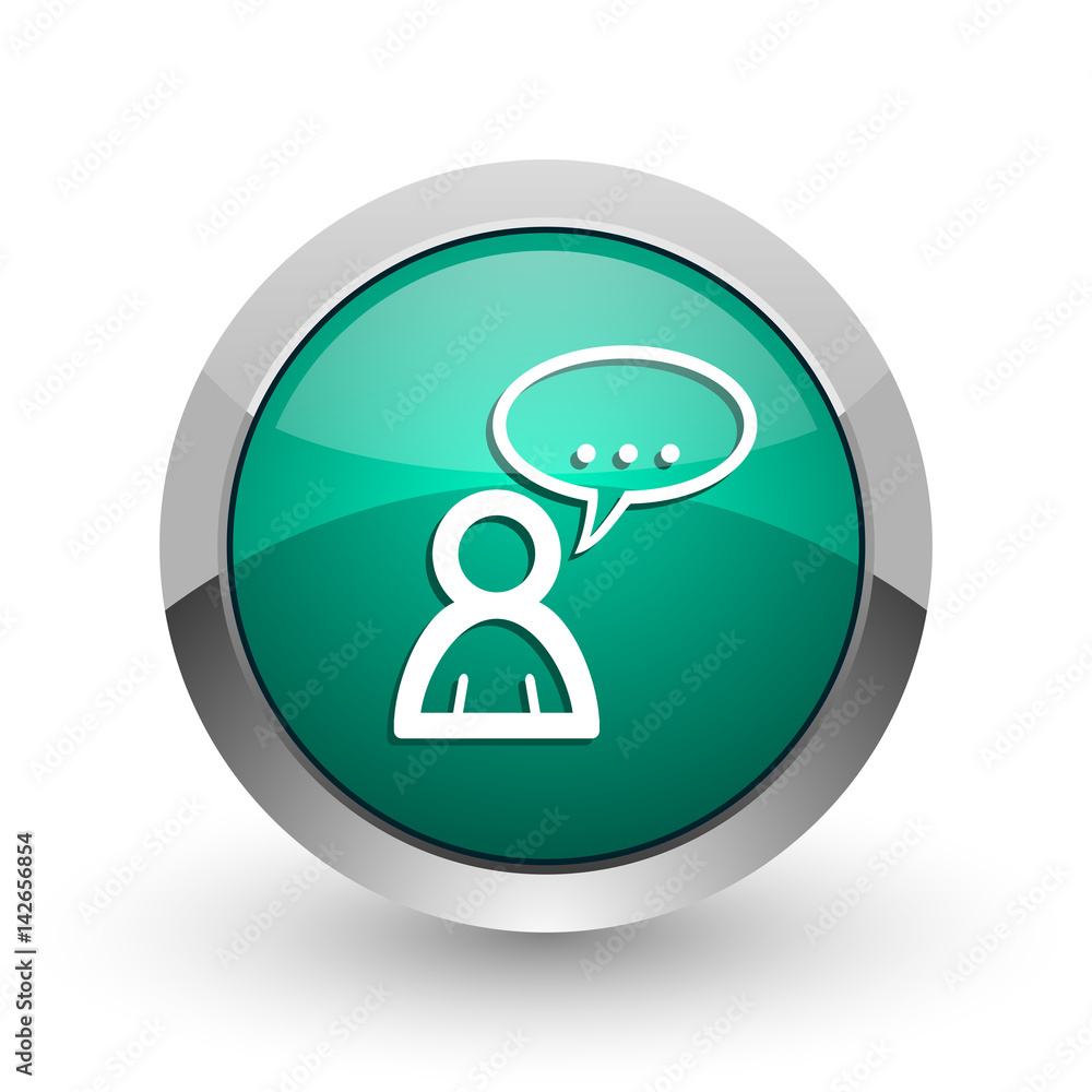 Poster forum silver metallic chrome web design green round internet icon with shadow on white background.