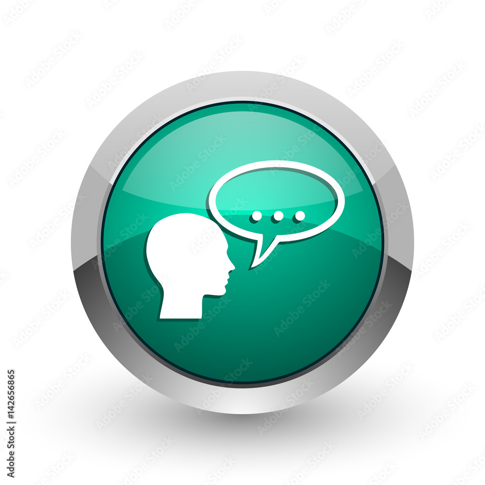 Poster forum silver metallic chrome web design green round internet icon with shadow on white background.