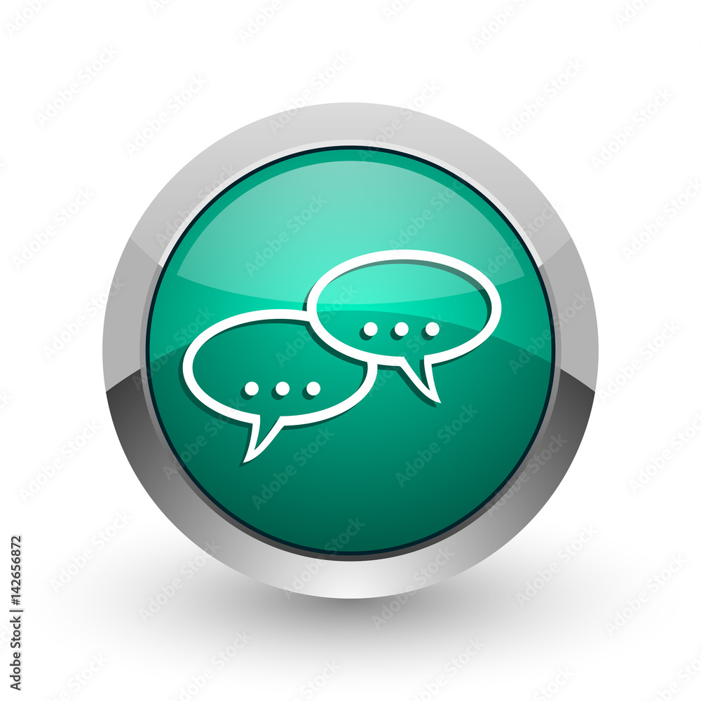 Poster forum silver metallic chrome web design green round internet icon with shadow on white background.