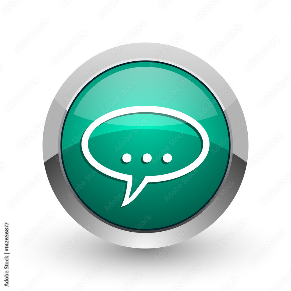 Poster forum silver metallic chrome web design green round internet icon with shadow on white background.