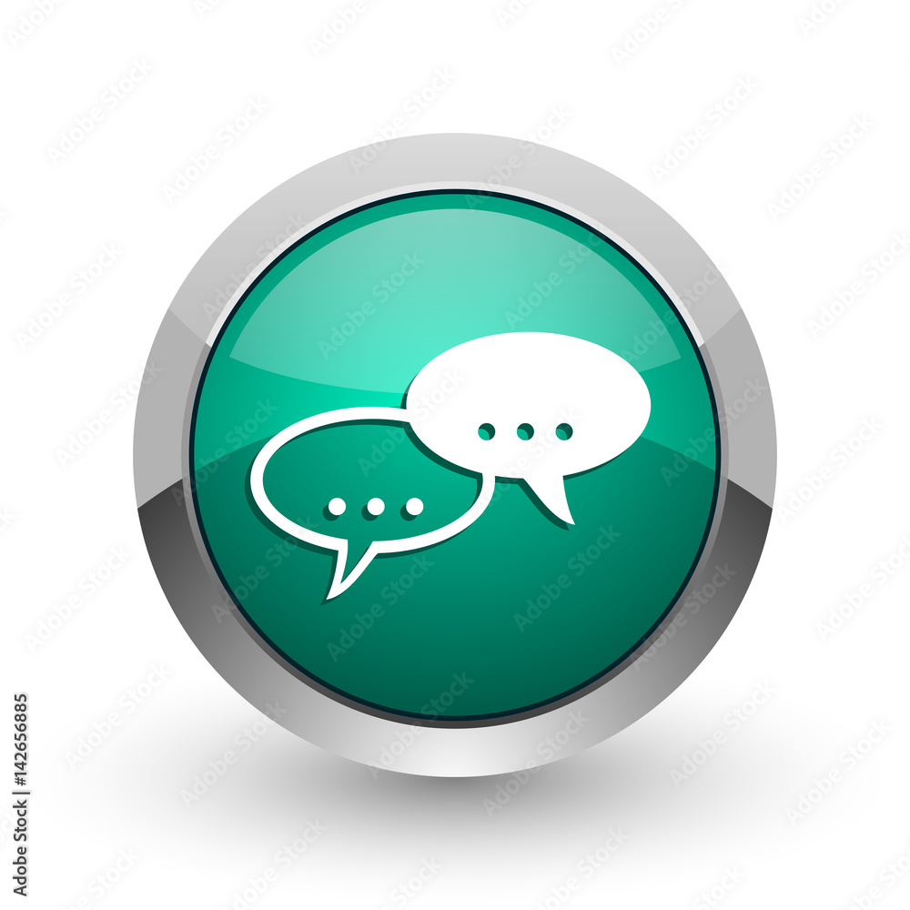 Poster forum silver metallic chrome web design green round internet icon with shadow on white background.