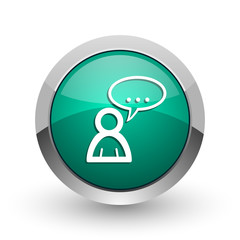 Forum silver metallic chrome web design green round internet icon with shadow on white background.