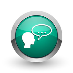 Forum silver metallic chrome web design green round internet icon with shadow on white background.