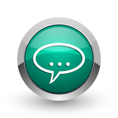Forum silver metallic chrome web design green round internet icon with shadow on white background.