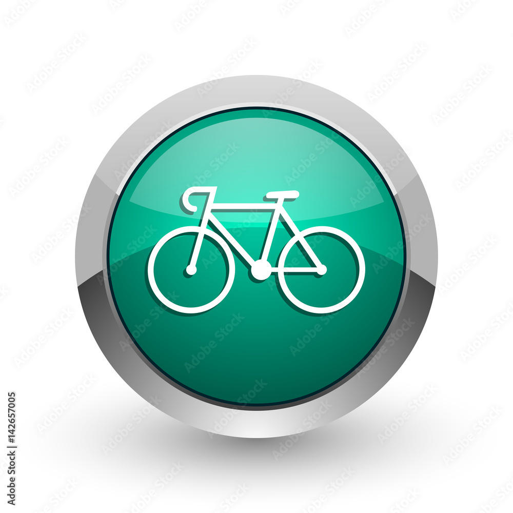 Poster bicycle silver metallic chrome web design green round internet icon with shadow on white background.