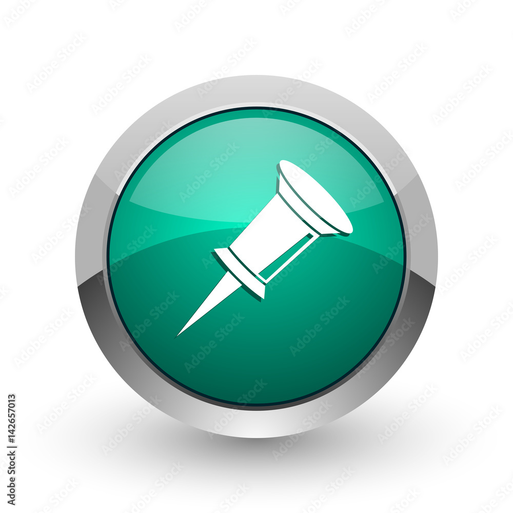 Poster pin silver metallic chrome web design green round internet icon with shadow on white background.