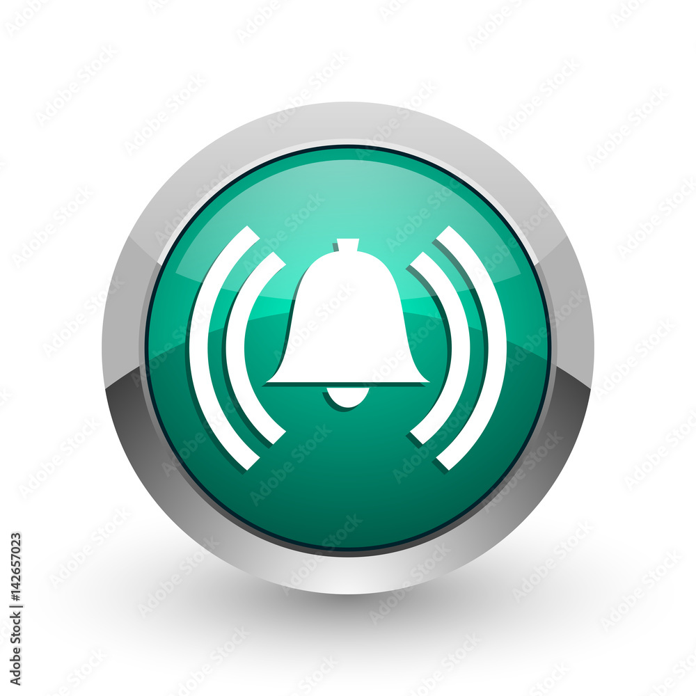 Aufkleber alarm silver metallic chrome web design green round internet icon with shadow on white background.