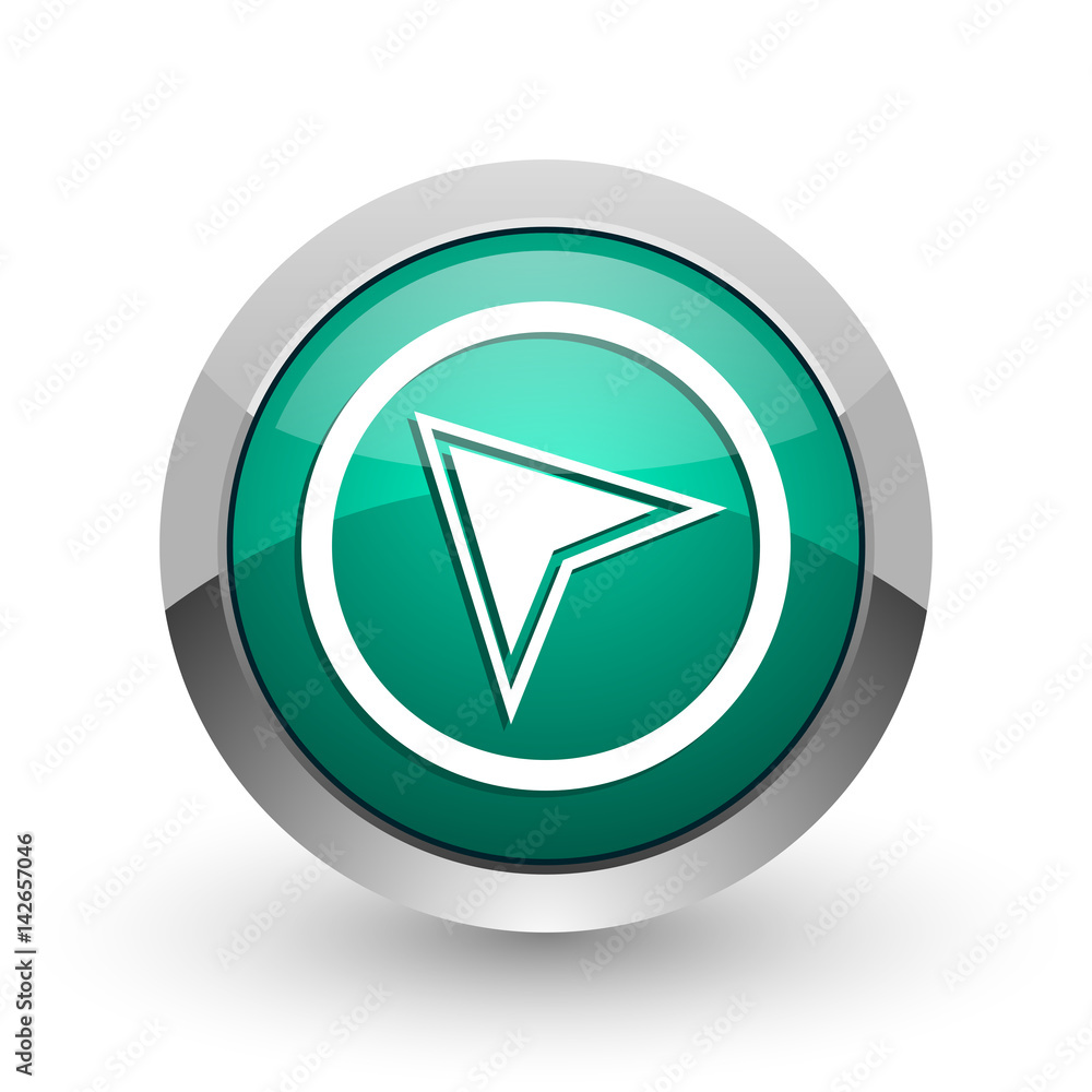 Aufkleber Navigation silver metallic chrome web design green round internet icon with shadow on white background.