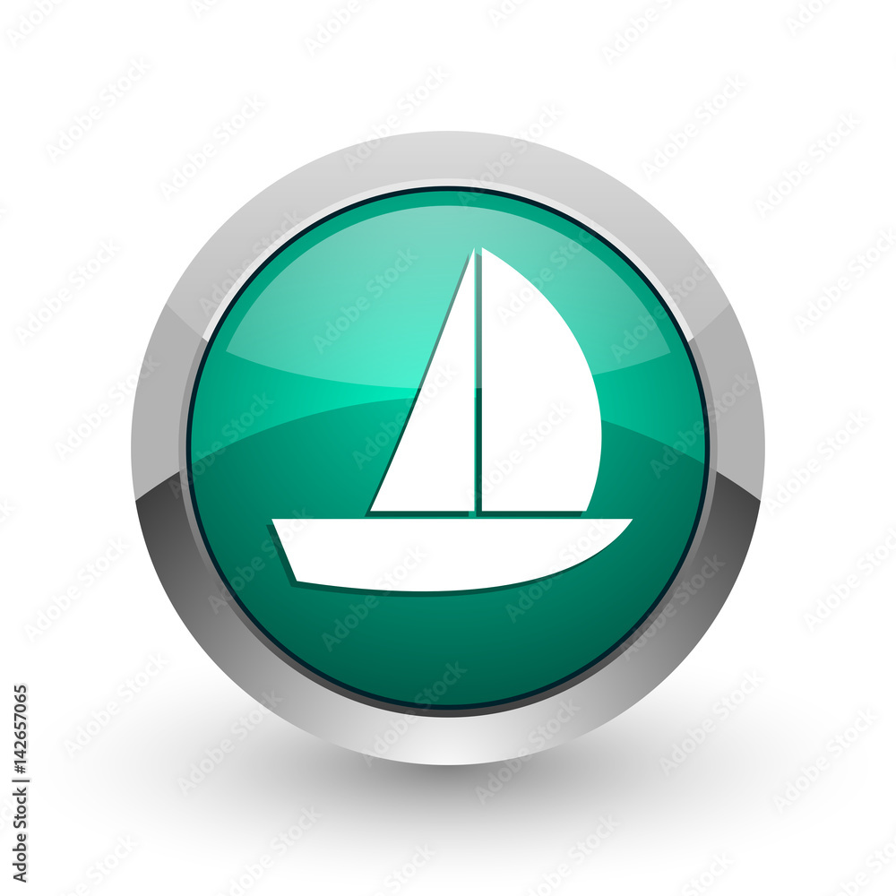 Aufkleber yacht silver metallic chrome web design green round internet icon with shadow on white background.