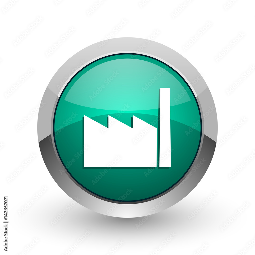 Poster factory silver metallic chrome web design green round internet icon with shadow on white background.