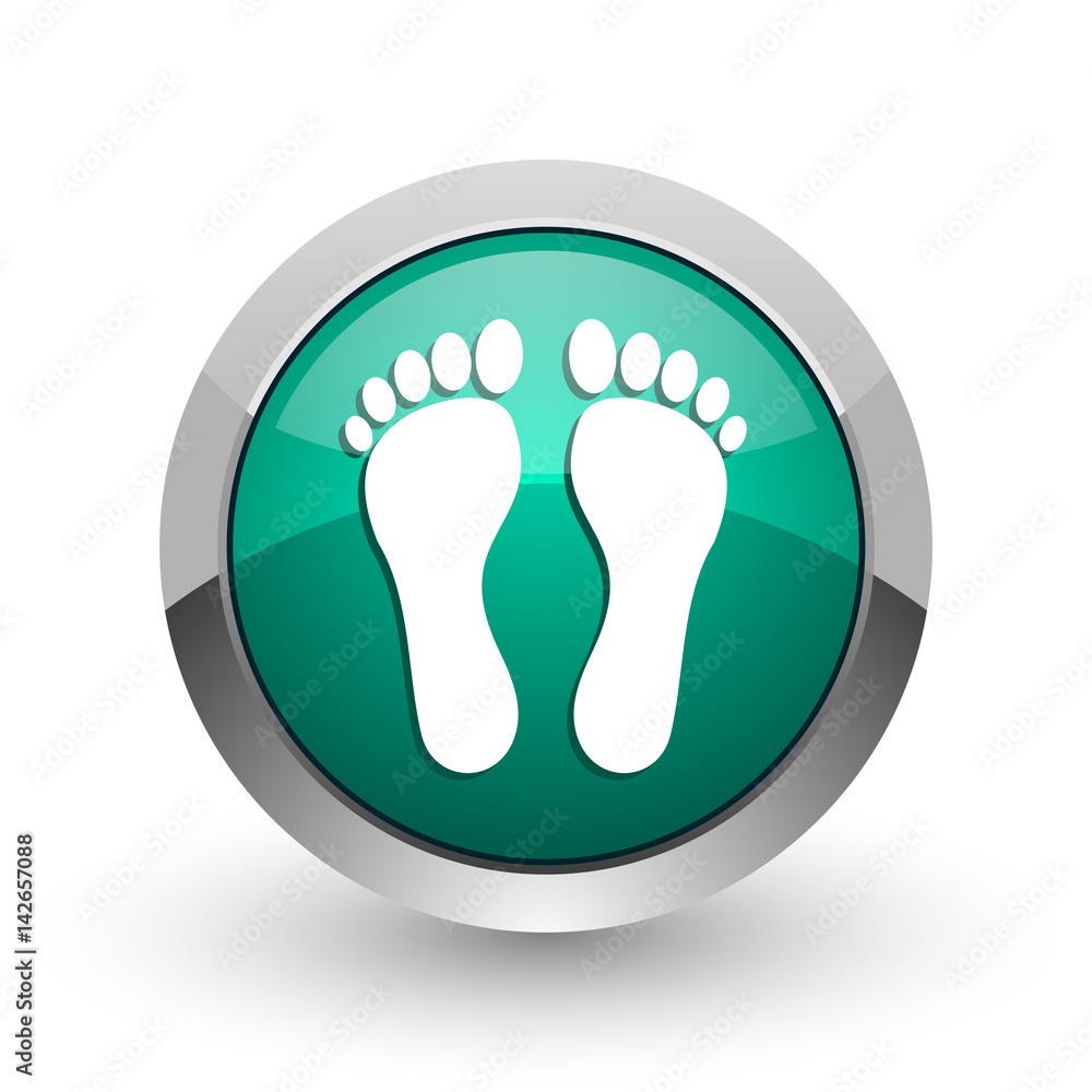 Poster foot silver metallic chrome web design green round internet icon with shadow on white background.