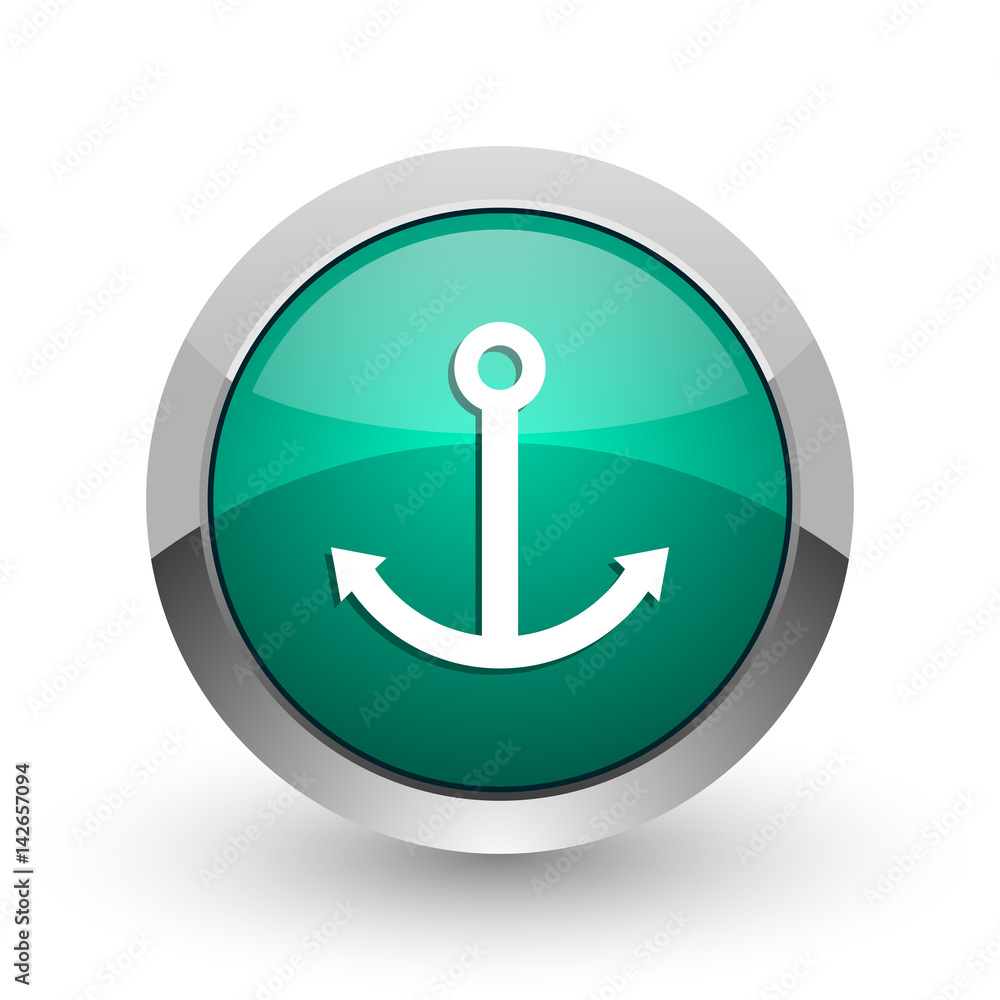 Poster anchor silver metallic chrome web design green round internet icon with shadow on white background.