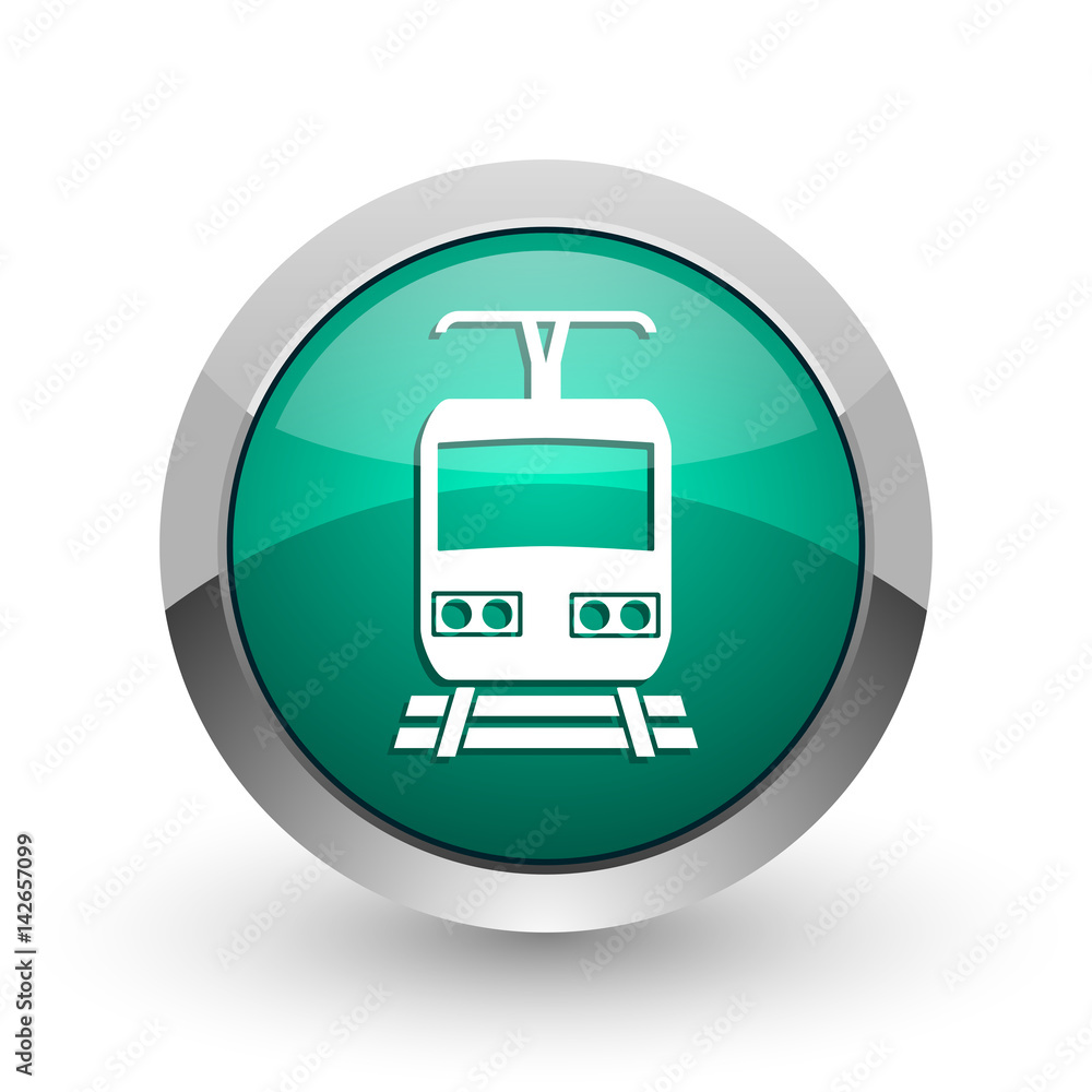 Poster Train silver metallic chrome web design green round internet icon with shadow on white background.