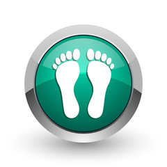 Foot silver metallic chrome web design green round internet icon with shadow on white background.