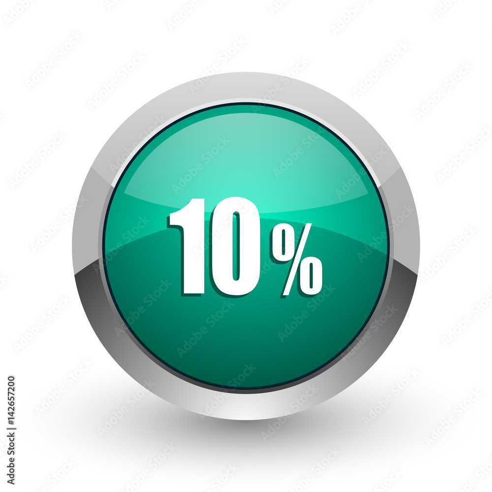 Poster 10 percent silver metallic chrome web design green round internet icon with shadow on white backgrou